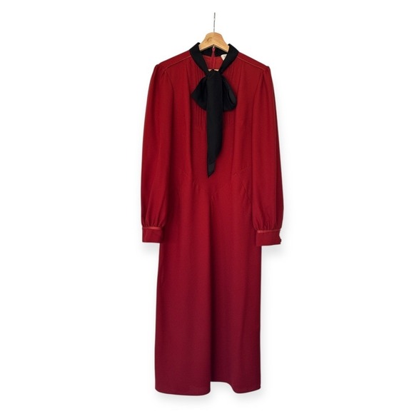 Coach 1941 Red Silk Bow Neck Long Sleeve Midi Dress Size 8 Vintage Style Runway - Picture 3 of 11